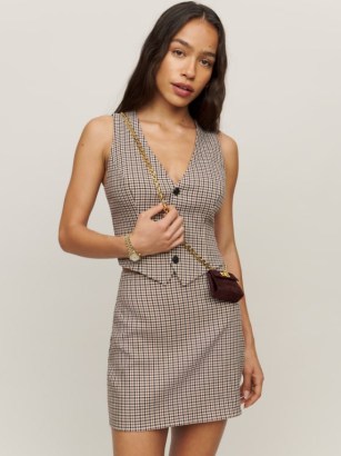 Reformation Roan Two Piece Brown / Black Check ~ checked fashion co-ords ~ women’s stylish vest top and mini skirt fashion sets - flipped