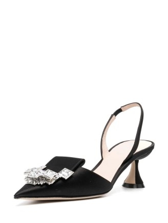 Rodo crystal-embellished mules in black – pointed toe slingback pumps – glamorous slingbacks – vintage style evening glamour