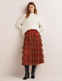 Boden Ruffle Tulle Midi Skirt Rocket Red, Floral Terrace / ruffled layered skirts / tiered fashion