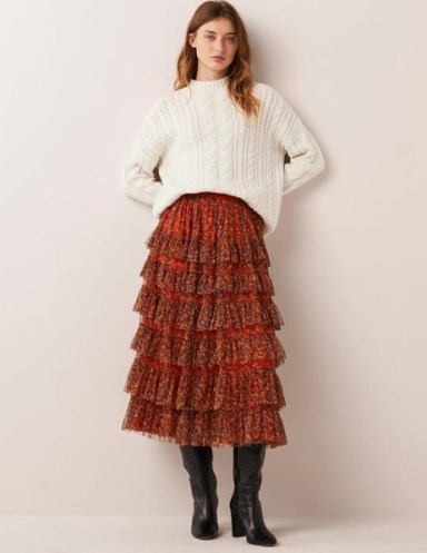 Boden Ruffle Tulle Midi Skirt Rocket Red, Floral Terrace / ruffled layered skirts / tiered fashion - flipped
