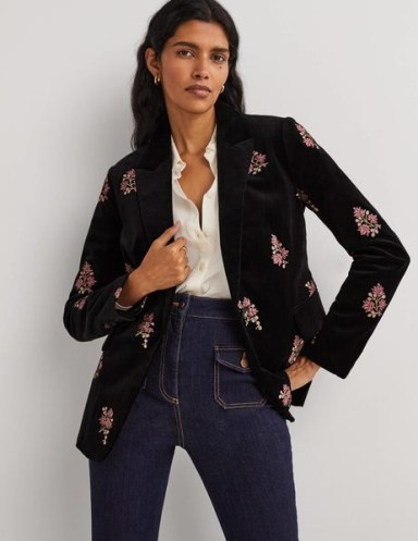 Boden 70s Tailored Blazer Black, Embroidered – women’s floral vintage inspired blazers – womens retro style jackets – 1970s look clothes