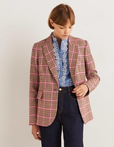 Boden 70s Tailored Blazer Brown and Pink Check / women’s checked blazers