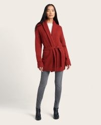 KENNETH COLE Shawl Collar Cardigan in Crimson ~ women’s red longline open front tie waist cardigans