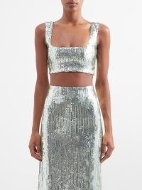 GALVAN Beating Heart sequinned crop top in silver ~ sleeveless cropped metallic sequin covered tops ~ sparkling occasion fashion ~ evening glamour
