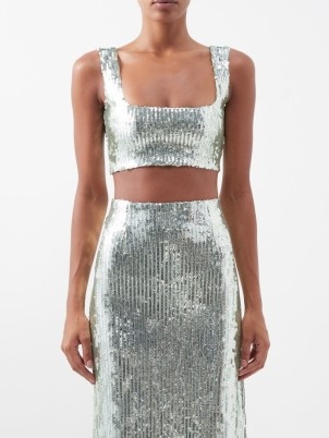 GALVAN Beating Heart sequinned crop top in silver ~ sleeveless cropped metallic sequin covered tops ~ sparkling occasion fashion ~ evening glamour - flipped