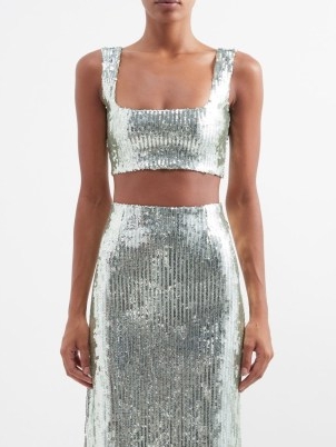 GALVAN Beating Heart sequinned crop top in silver ~ sleeveless cropped metallic sequin covered tops ~ sparkling occasion fashion ~ evening glamour