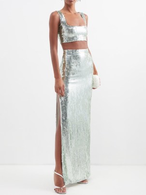 GALVAN Beating Heart sequinned thigh-slit maxi skirt in silver ~ glamorous evening event skirts ~ metallic sequin covered occasion clothes ~ matchesfashion ~ high octane glamour ~ thigh high slit hem ~ luxe fashion - flipped