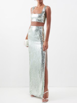 GALVAN Beating Heart sequinned thigh-slit maxi skirt in silver ~ glamorous evening event skirts ~ metallic sequin covered occasion clothes ~ matchesfashion ~ high octane glamour ~ thigh high slit hem ~ luxe fashion