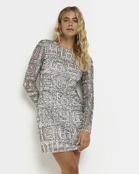 RIVER ISLAND SILVER SEQUIN LONG SLEEVES SHIFT MINI DRESS / shimmering going out evening dresses / sequinned party dresses