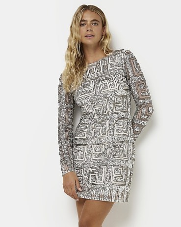 RIVER ISLAND SILVER SEQUIN LONG SLEEVES SHIFT MINI DRESS / shimmering going out evening dresses / sequinned party dresses - flipped