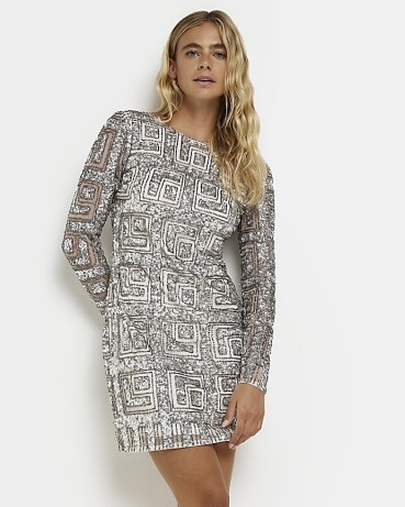 RIVER ISLAND SILVER SEQUIN LONG SLEEVES SHIFT MINI DRESS / shimmering going out evening dresses / sequinned party dresses