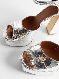 MALONE SOULIERS Yuri 125 mirrored-leather platform sandals in silver / shiny disco mirrorball inspired platforms / luxe retro evening shoes / glamorous 70s style party footwear / glam block heels