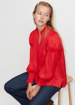 ME and EM Smock Detail Swing Blouse in Red – feminine ruffle neck blouses – romantic bohemian style tops - flipped