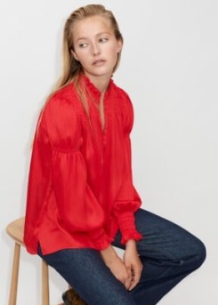 ME and EM Smock Detail Swing Blouse in Red – feminine ruffle neck blouses – romantic bohemian style tops