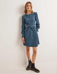Boden Smocked Cuff Corduroy Dress Mid Blue, Bouquet / floral long sleeved cord dresses