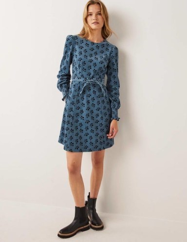 Boden Smocked Cuff Corduroy Dress Mid Blue, Bouquet / floral long sleeved cord dresses - flipped