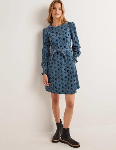Boden Smocked Cuff Corduroy Dress Mid Blue, Bouquet / floral long sleeved cord dresses