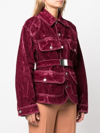 Stella McCartney flocked velvet belted jacket dark red – women’s luxe belted utility style jackets – farfetch