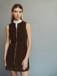 Reformation Suzie Corduroy Mini Dress in Cafe | 70s style dark brown sleeveless zip front dresses | women’s retro cord fashion