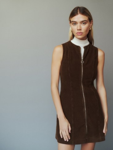 Reformation Suzie Corduroy Mini Dress in Cafe | 70s style dark brown sleeveless zip front dresses | women’s retro cord fashion - flipped