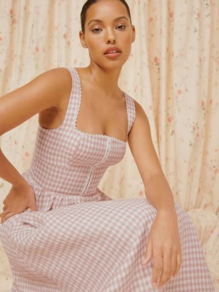 Jennifer Lopez sleeveless pink and white check print dress, Reformation Tagliatelle Linen Dress, on Instagram, 1 September 2022 | celebrity style dresses | star fashion on social media - flipped