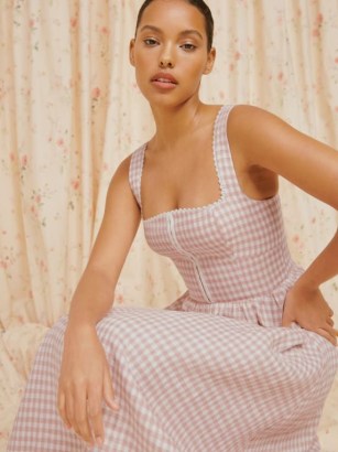 Jennifer Lopez sleeveless pink and white check print dress, Reformation Tagliatelle Linen Dress, on Instagram, 1 September 2022 | celebrity style dresses | star fashion on social media