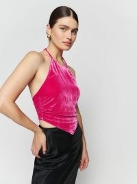 Reformation Tamsin Velvet Top in Flambe – pink scarf hem halter tops – bright luxe evening halterneck – strappy back paty fashion