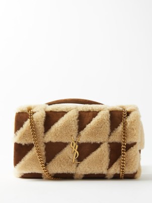 SAINT LAURENT Jamie medium suede and shearling shoulder bag in tan – brown 70s inspired winter handbags – textured front flap gold chain strap bags – MATCHESFASHION