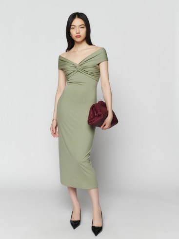 Reformation Toulon Knit Dress in Artichoke ~ chic green off the shoulder dresses ~ vintage inspired occasion fashion ~ ruched knot detail bodice ~ retro glamour - flipped