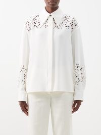 PROENZA SCHOULER Broderie-anglaise crepe shirt in white – women’s cut out detail shirts – oversized point collar – womens designer clothes -MATCHESFASHION
