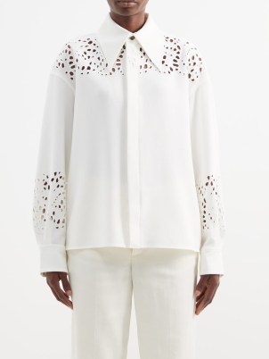 PROENZA SCHOULER Broderie-anglaise crepe shirt in white – women’s cut out detail shirts – oversized point collar – womens designer clothes -MATCHESFASHION - flipped