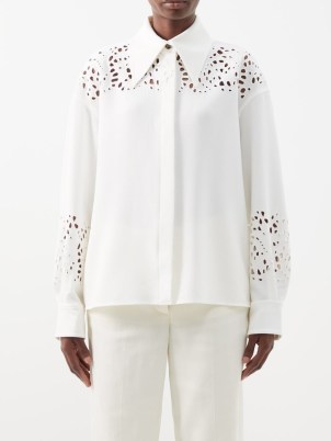 PROENZA SCHOULER Broderie-anglaise crepe shirt in white – women’s cut out detail shirts – oversized point collar – womens designer clothes -MATCHESFASHION