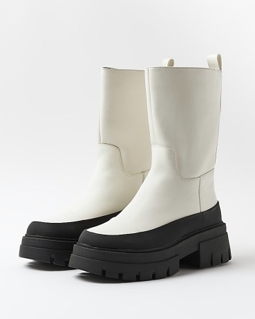 RIVER ISLAND WHITE CHUNKY ANKLE BOOTS ~ women’s monochrome thick sole faux leather boots