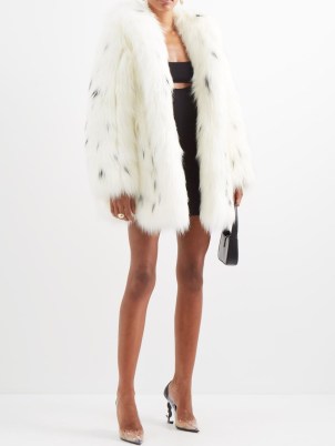SAINT LAURENT Lynx-spot faux-fur coat in white – glamorous winter coats – occasion glamour – women’s luxury outerwear – MATCHESFASHION – scalloped hem detail – shawl collar – animal spots - flipped