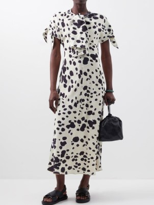 MARNI Spot-print silk-crepe midi dress in ivory – fluid fabric, bias cut ladylike dresses – women’s designer fashion – MATCHESFASHION – neck and short sleeve tie details