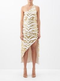 HALPERN Tiger-sequinned one-shoulder midi dress in white – gold sequin animal striped dresses – glittering asymmetric occasion fashion – matchesfashion – women’s glamorous evening event clothes