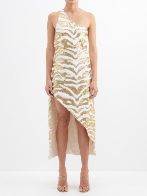 HALPERN Tiger-sequinned one-shoulder midi dress in white – gold sequin animal striped dresses – glittering asymmetric occasion fashion – matchesfashion – women’s glamorous evening event clothes - flipped
