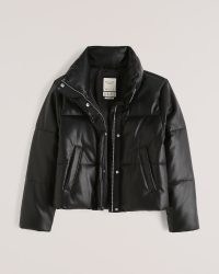 Abercrombie & Fitch A&F Vegan Leather Mini Puffer in Black – women’s padded faux leather jackets