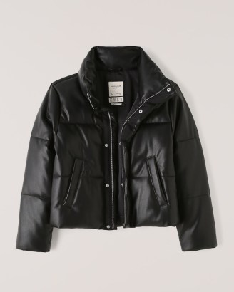 Abercrombie & Fitch A&F Vegan Leather Mini Puffer in Black – women’s padded faux leather jackets - flipped