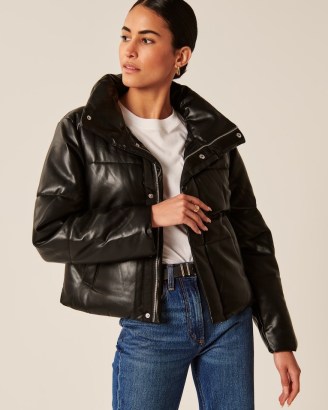 Abercrombie & Fitch A&F Vegan Leather Mini Puffer in Black – women’s padded high neck zip up jackets – on-trend winter outerwear - flipped