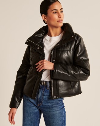 Abercrombie & Fitch A&F Vegan Leather Mini Puffer in Black – women’s padded high neck zip up jackets – on-trend winter outerwear