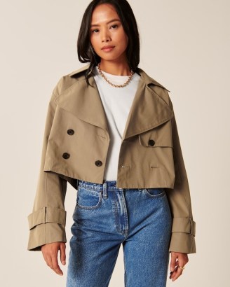 Abercrombie & Fitch Cropped Trench Coat in Brown | women’s crop hem coats | womens modern classic outerwear - flipped