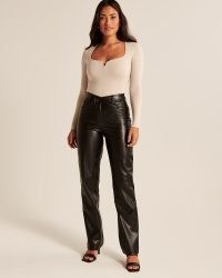 Abercrombie & Fitch Curve Love Criss-Cross Waistband Vegan Leather 90s Straight Pants – women’s black faux leather trousers