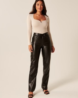 Abercrombie & Fitch Curve Love Criss-Cross Waistband Vegan Leather 90s Straight Pants – women’s black faux leather trousers - flipped