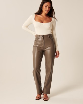 Abercrombie & Fitch Curve Love Vegan Leather 90s Straight Pants in Grey – women’s luxe style faux leather trousers - flipped