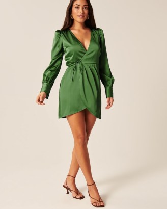 Abercrombie & Fitch Long-Sleeve Satin Wrap Mini Dress in Green / tie waist detail dresses / shiny fabric fashion - flipped