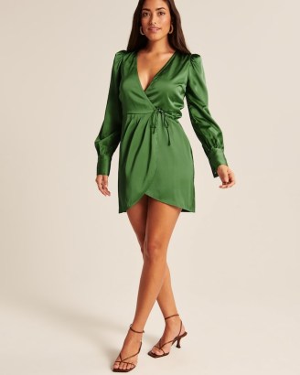 Abercrombie & Fitch Long-Sleeve Satin Wrap Mini Dress in Green / tie waist detail dresses / shiny fabric fashion