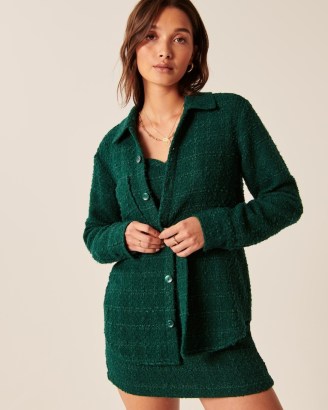 Abercrombie & Fitch Oversized Tweed Shirt Jacket in Green – women’s textured overshirts – womens checked shackets - flipped