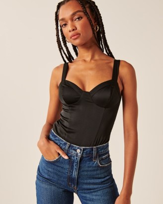 Abercrombie & Fitch Satin Corset Bodysuit | black sleeveless fitted bodice bodysuits - flipped