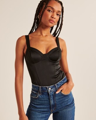 Abercrombie & Fitch Satin Corset Bodysuit | black sleeveless fitted bodice bodysuits